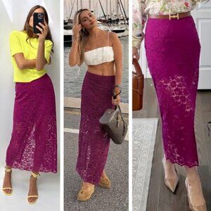 ZARA High-Waisted Floral Lace Rear Slit Midi Skirt Size XS Fuchsia